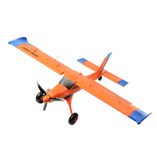 Orange and blue QIDI-590 RC airplane with propeller and landing gear on a white background, for the QIDI-590 and MoFly MF-X7 buying guide.