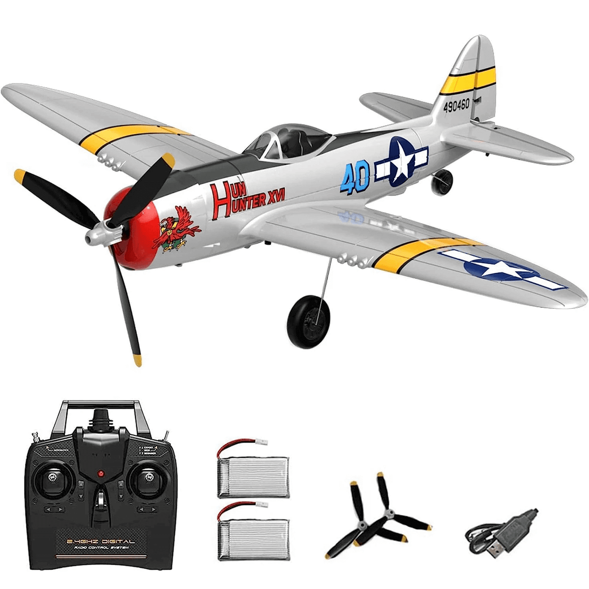 P47 Thunderbolt 4CH RTF RC airplane two-battery package detail for longer flying