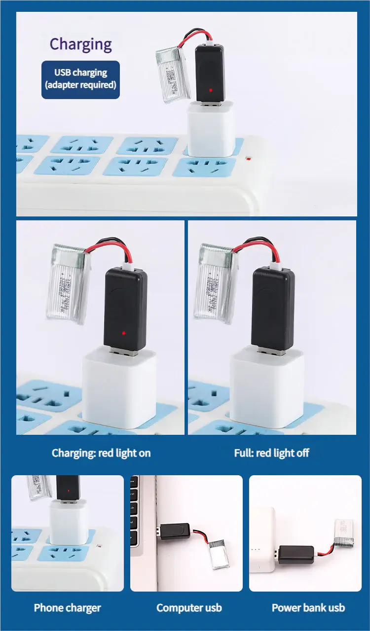 Charging process for USB with red light indicators and adapters shown in images.
